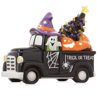 PreLit Ceramic Halloween Truck with Pumpkin HandPainted Decor