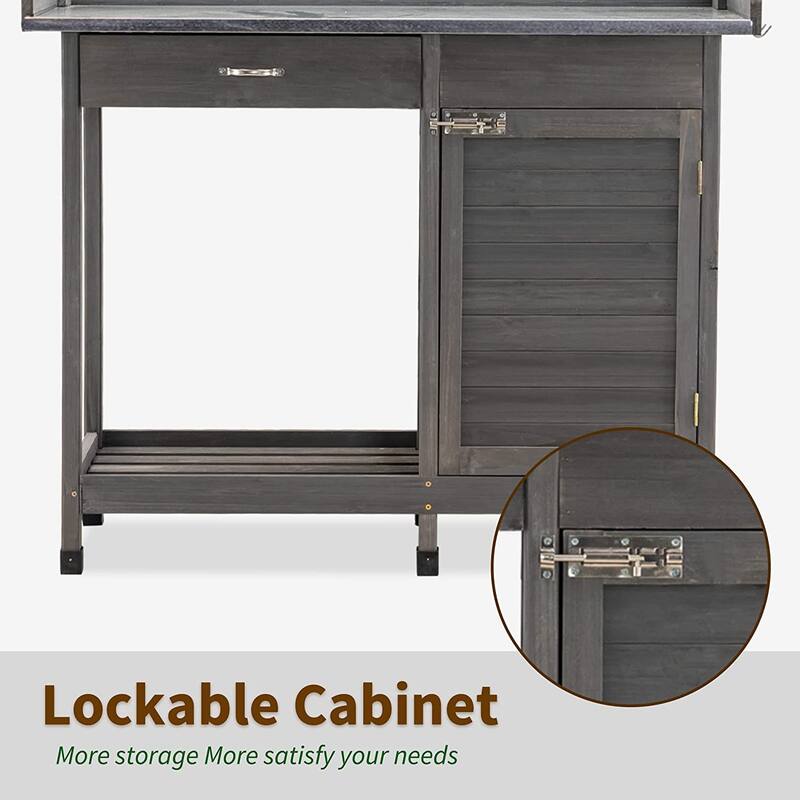 MCombo Potting Bench, Outdoor Garden Wood Potting Table Workstation with Cabinet, Metal Tabletop, Sliding Drawer, Open Shelf