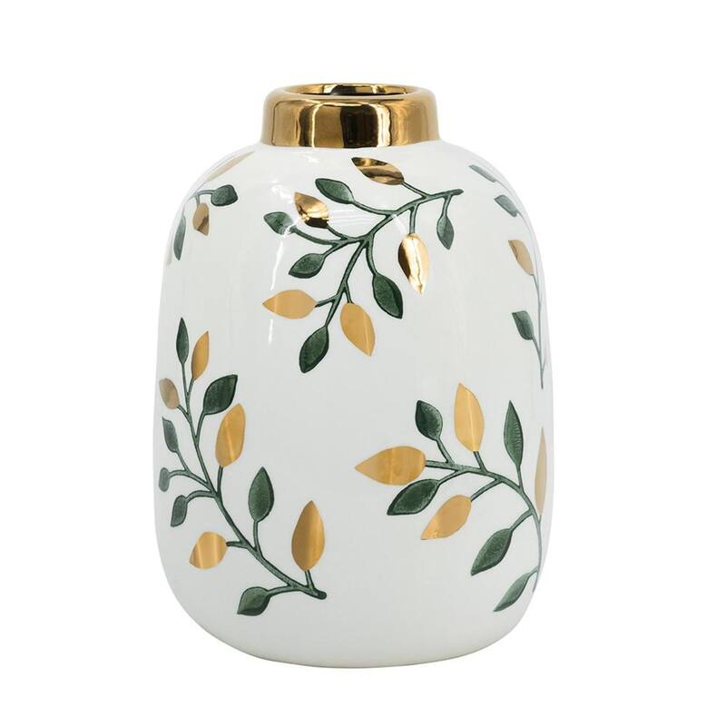 9" White Green And Gold Leaf Round Ceramic Table Vase - 6.70