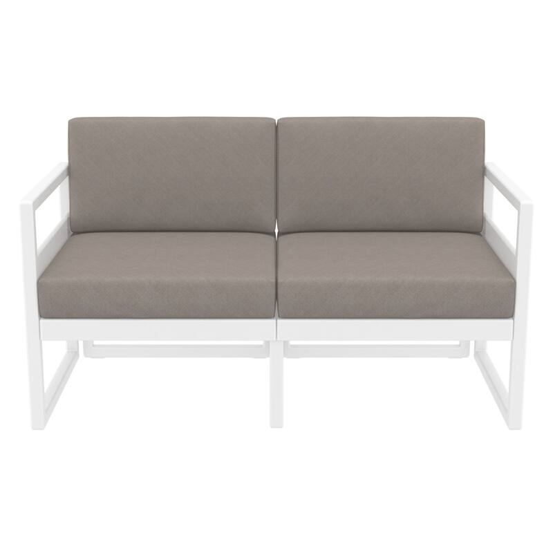55" White Outdoor Patio Loveseat with Sunbrella Taupe Brown Cushion
