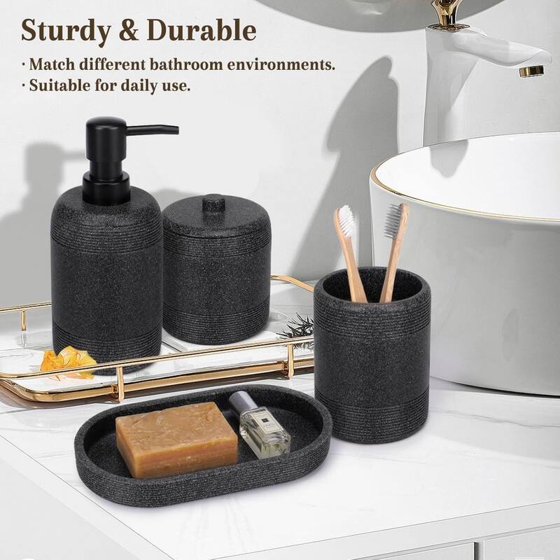 4-piece black bathroom accessories set with soap dispenser, toothbrush holder, medicine bottle, tray