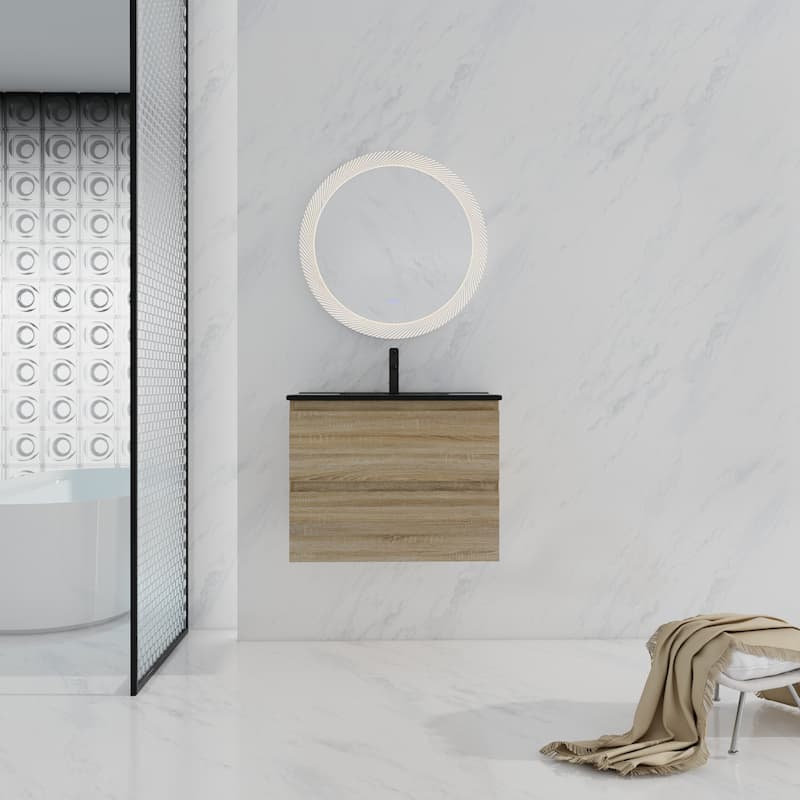 GDFStudio - Blair Floating Bathroom Vanity with Resin Sink, Wall-Mounted Cabinet with Soft-Close Drawers - 30"+Ceramic Sink - light oak