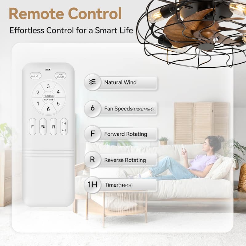 19 Inch 7-Blade Enclosed Indoor Flush Mount Caged Ceiling Fan with Light and Remote