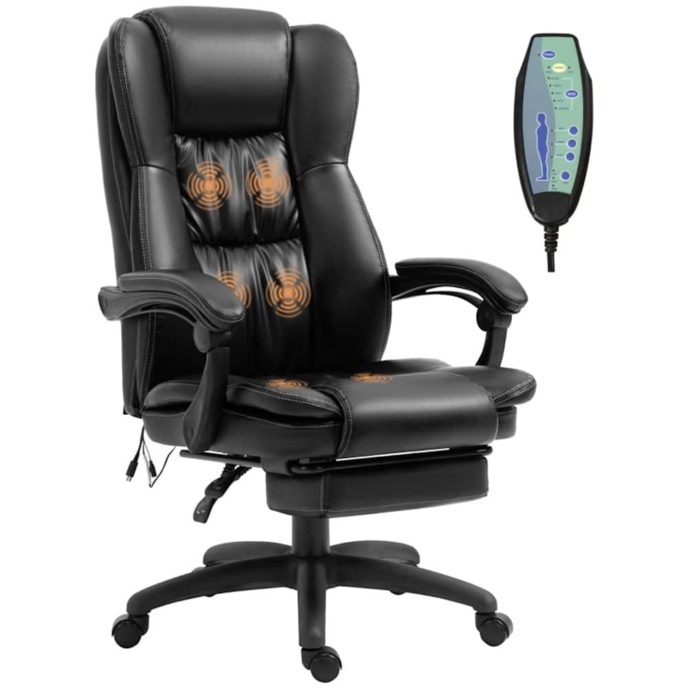 Black PU Leather Reclining Massage Office Chair with Footrest and Swivel - 27" W x 27" D x 44.5" -47.75" H