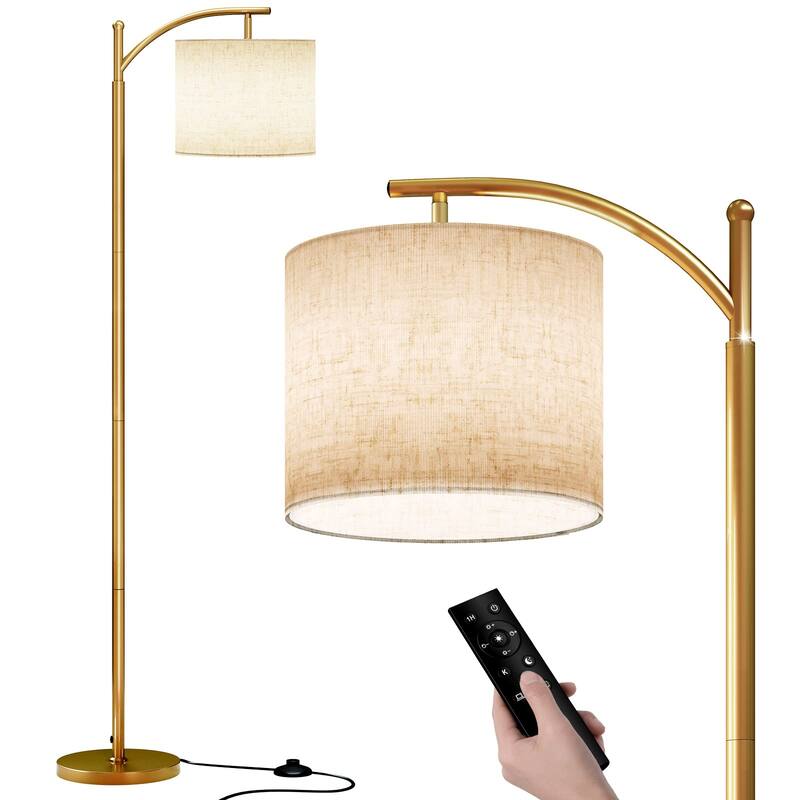 Arc Floor Lamp with 3 Color Temperatures,Rattan with Remote Control,Black Dimmable Standing Lamp with Wicker Lamp Shades