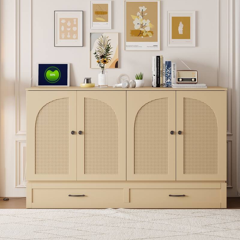 Queen Size Murphy Bed with Large Storage Drawers, USB Charging Port, and Space-Saving Design for Small Rooms - Gold