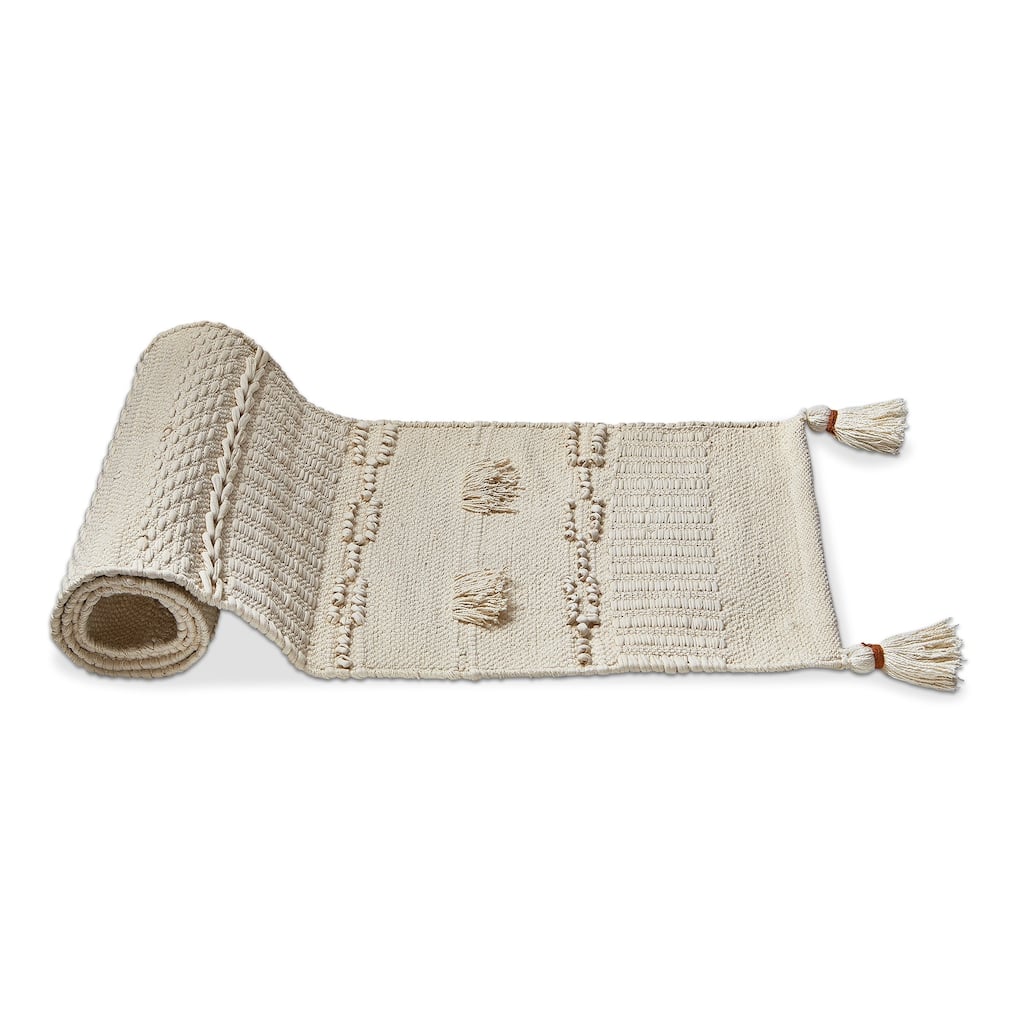 Bianca Tufted & Tassel White Table Runner 72" x 14.5" Cotton Dry Clean Only - Perfect for Spring Decor