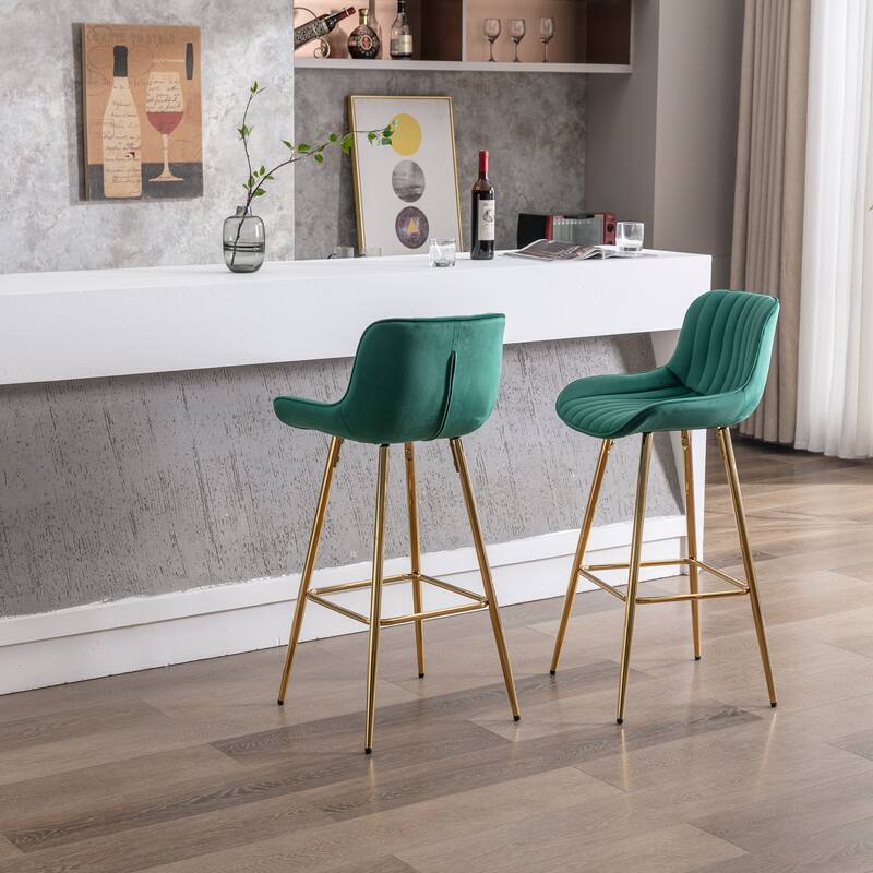 30 inch Set of 2 Bar Stools,with Chrome Footrest Velvet Fabric Counter Stool Golden Leg Simple High Bar Stool