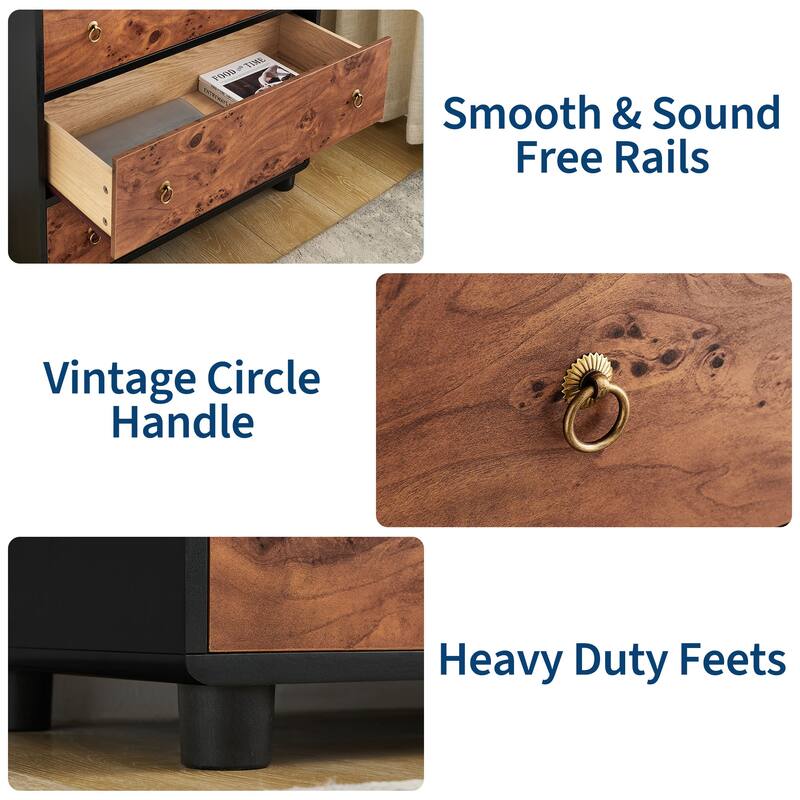 5 Drawers Dresser, Modern Chest of Drawers with Vintage Circle Handle and Curved Profile Design