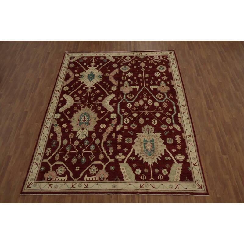 Hand Knotted Oriental 100% Wool Carpet Transitional Floral Red Oushak Area Rug - 12' 0'' X 9' 0''