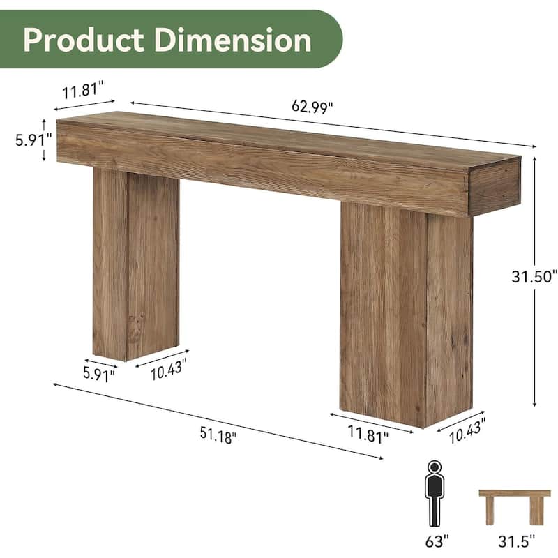 63-Inch Solid Wood Console Table, Sofa Table Behind Couch with Artistic Legs for Entryway, Rustic Brown