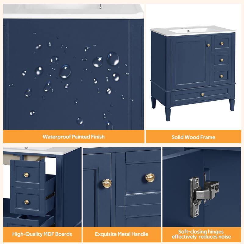 30 Inch Bathroom Vanity with Sink, Modern Freestanding Cabinet with 3 Drawers, Solid Wood Frame & Ceramic Top