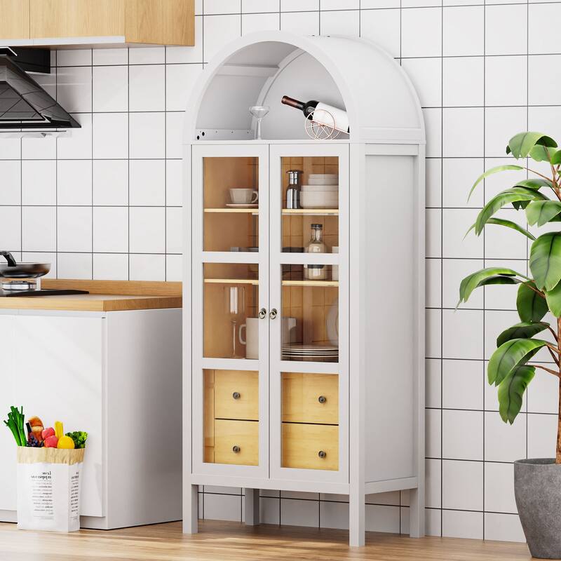 Modern Arched Cabinet with Glass Doors,72" Tall Arch Storage Cabinet with Height Adjustable Shelf and 2 Drawers Bookshelf
