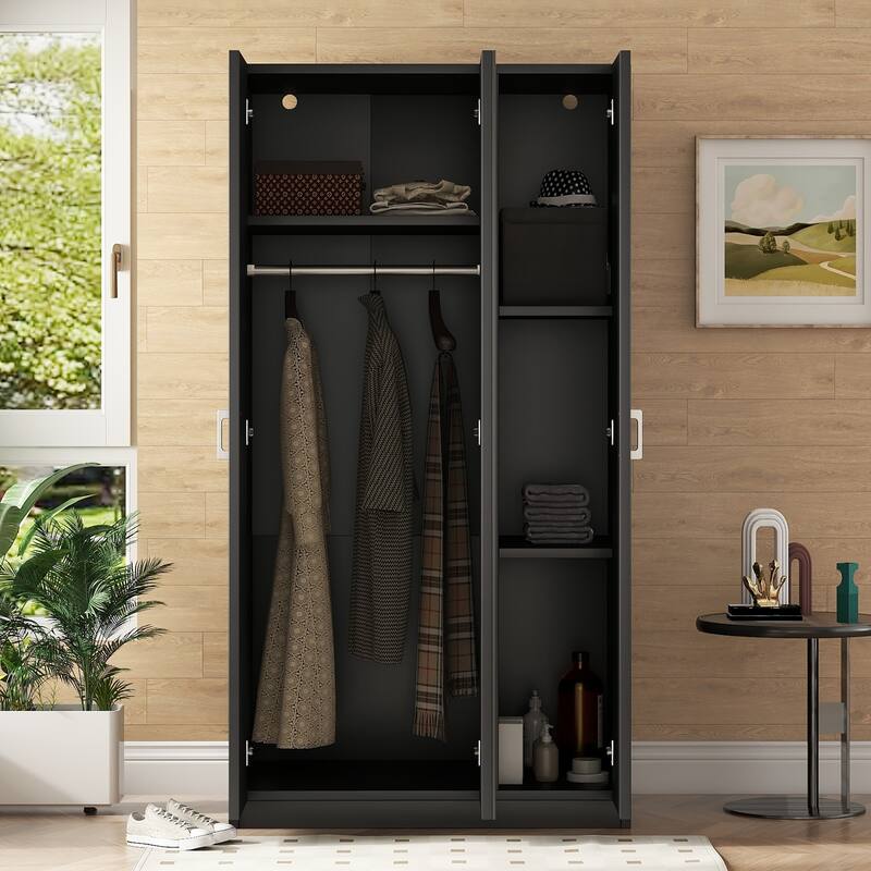 3-Door Wardrobe Mirror Armoire with Hanging Rod and 3 Shelves