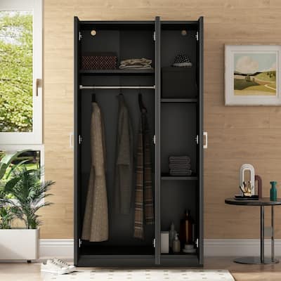 Black Armoire Closet Wardrobe Cabinet w/ Mirror & Hanging Clothes Rod