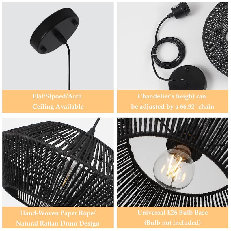 1-Light Modern Semi Flush Mount Chandelier, Handmade Rattan Hanging Pendant Light for Kitchen Island - W12.59"x H5.7"