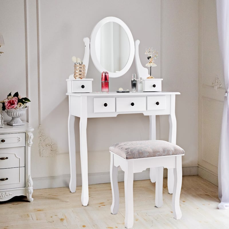 Costway Makeup Desk Vanity Dressing Table Oval Stool 5 Storage Drawers - White