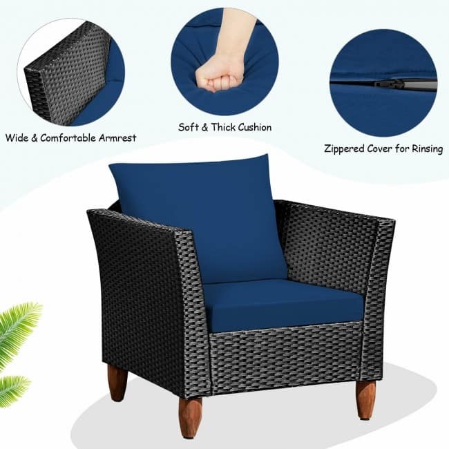 3 Pcs Outdoor Patio Rattan Furniture Set Wooden Table Top Cushioned Sofa - 29" x 27" x 28" (L x W x H)