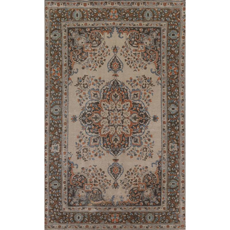 Hand Knotted Oriental 100% Wool Carpet Traditional Floral Beige & Ivories Tabriz Area Rug - 9' 8'' X 6' 5''