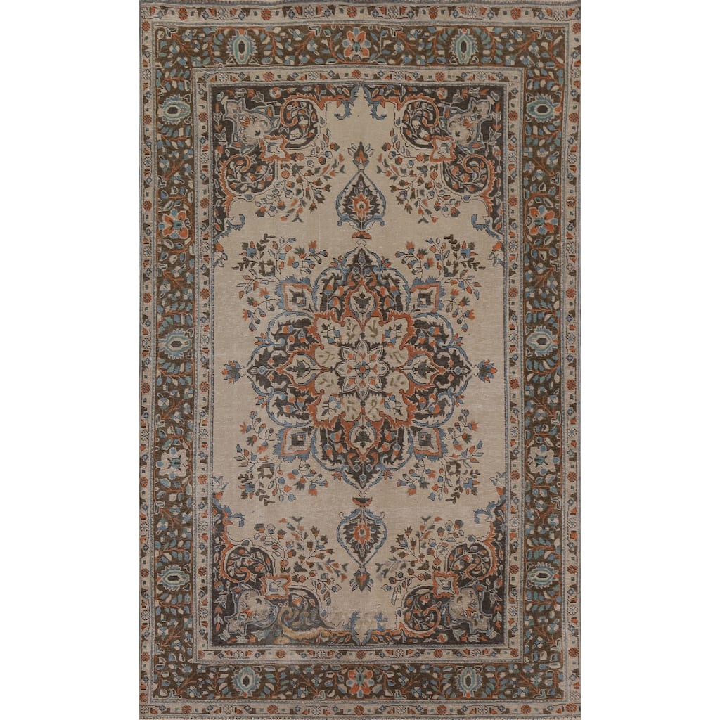 Hand Knotted Oriental 100% Wool Carpet Traditional Floral Beige & Ivories Tabriz Area Rug - 9' 8'' X 6' 5''