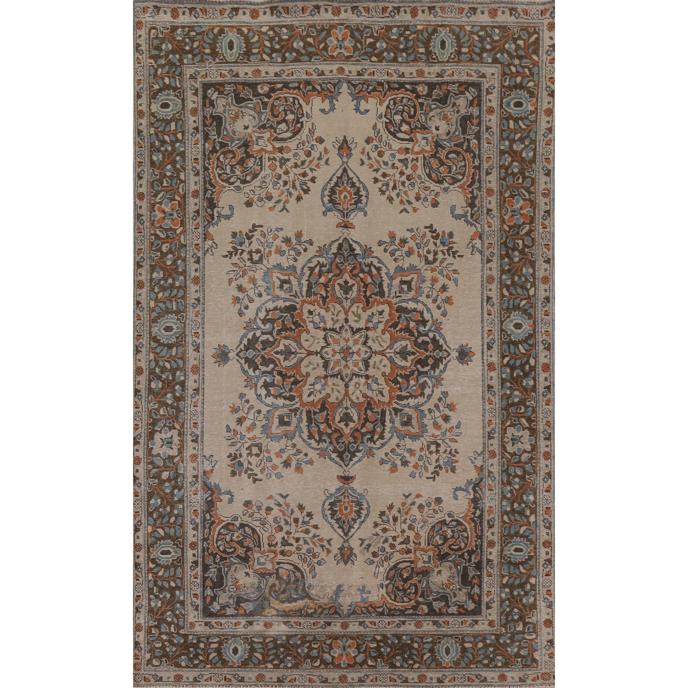 Hand Knotted Oriental 100% Wool Carpet Traditional Floral Beige & Ivories Tabriz Area Rug - 9' 8'' X 6' 5''