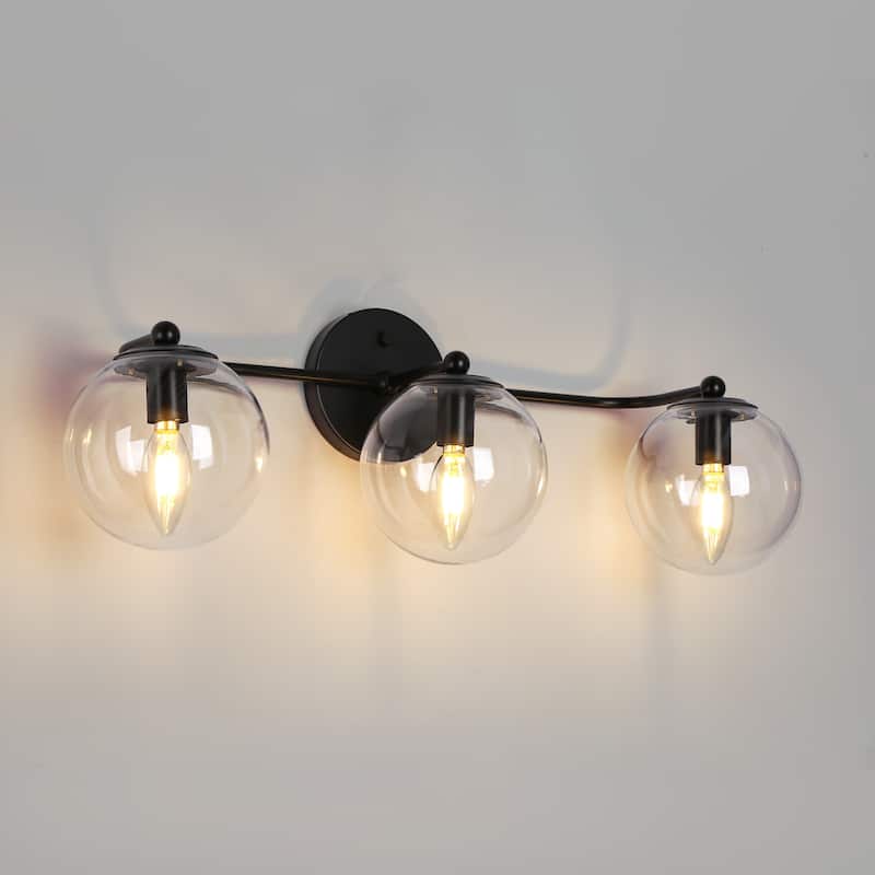 Modern 3-Light Black Bathroom Vanity Lights Linear Fixtures with Clear Triple-globe Glass Shades Wall Sconces for Bathroom