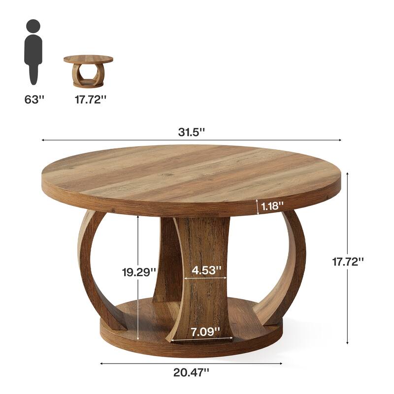 Round Coffee Table, 2-Tier Coffee Table with Storage, Wooden Center Table for Living Room, Apartment, Small Space