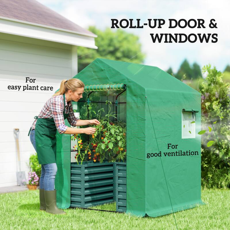 Outsunny Greenhouse with Raised Garden Bed, 56" x 56" x 75" Galvanized Steel Planter Box with PE Cover