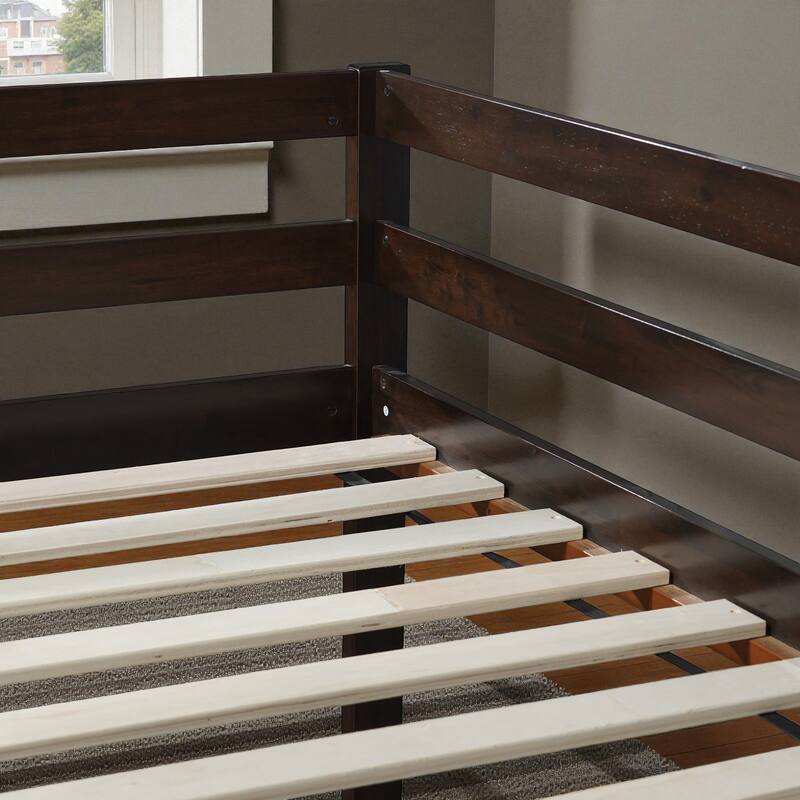 Solid Wood Twin Loft Bed with Ladder, Rubber Wood Frame Low Height Design with Guard Rails and Storage Space