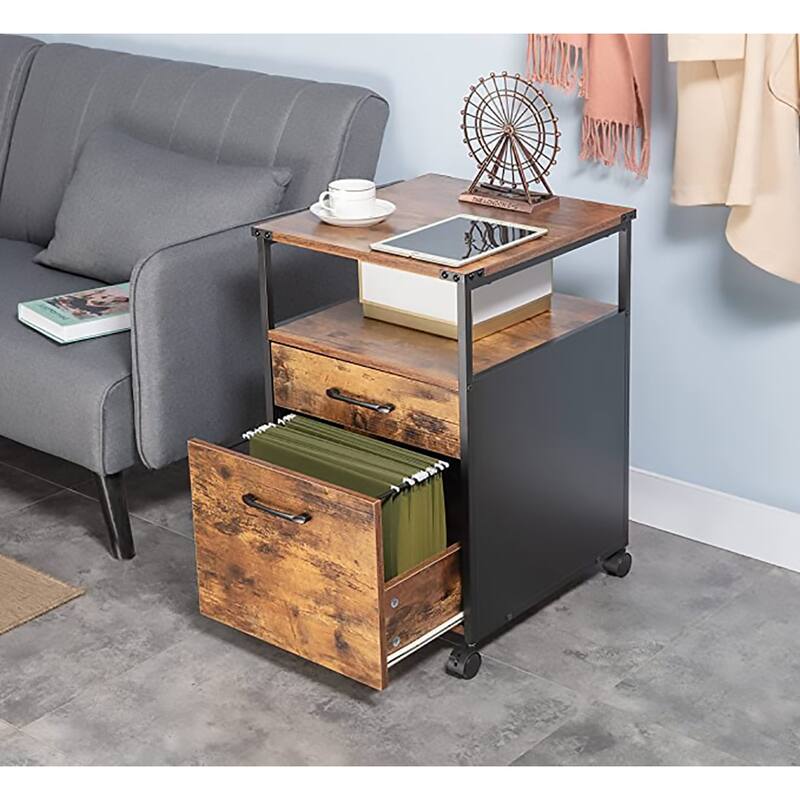 JJS Mobile Wood File Cabinet Open Shelf Filing Storage & Printer Stand for Letter-Size Hanging Files, Home Office Organizer