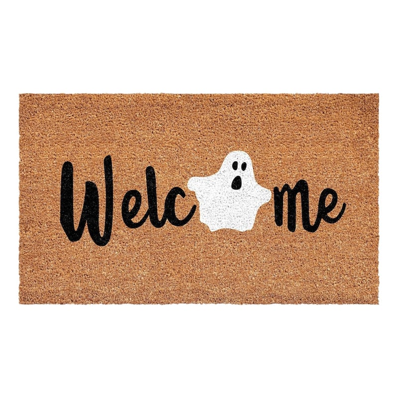 HomeRoots 24" X 36" Natural Black And White Ghost Halloween Welcome Outdoor Coir Door Mat - 24.00' X '36.00
