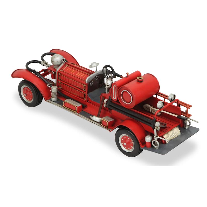 HomeRoots 6" Red and Silver Metal Hand Painted 1920's Fire Truck Model Car - 5.25' X '5.75' X '16
