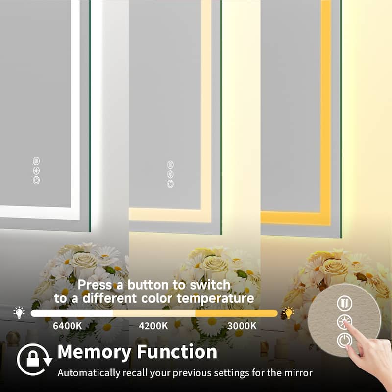 Silver Glass LED Vanity Mirror with Defog, Dimming and Dual Lights - 55" x 30"