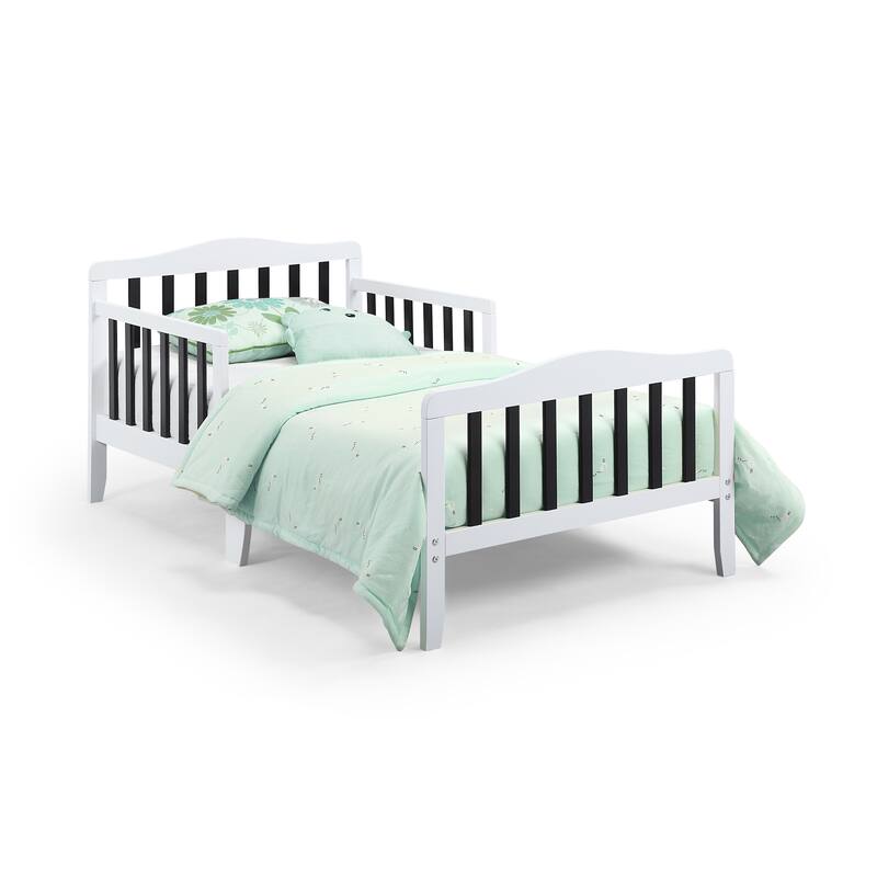 Birdie Toddler Bed in Dark Pink/White with Solid Wood Frame, Low Profile Footboard & Dual Safety Rails