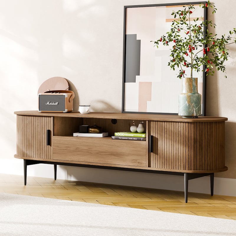 TV Stand with Drawer for TV Up to 75", Mid Century Entertainment Center with Fluted Door Cabinets & Cable Hole - Walnut