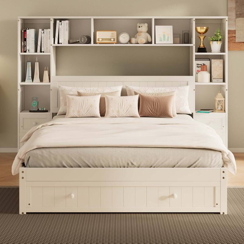 Platform Bed with All-In-One 2 Nightstand, Bookcase with 2 Charging Stations