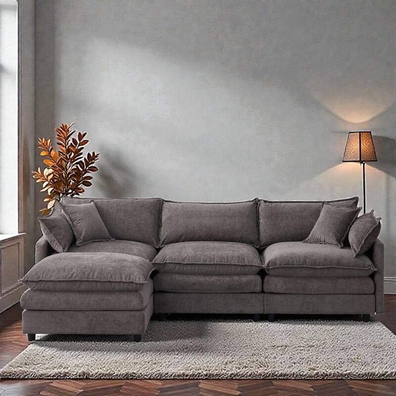 105" L-Shaped Modular Sectional Sofa with Ottoman, Soft Chenille Upholstery, 3-Seater Couch