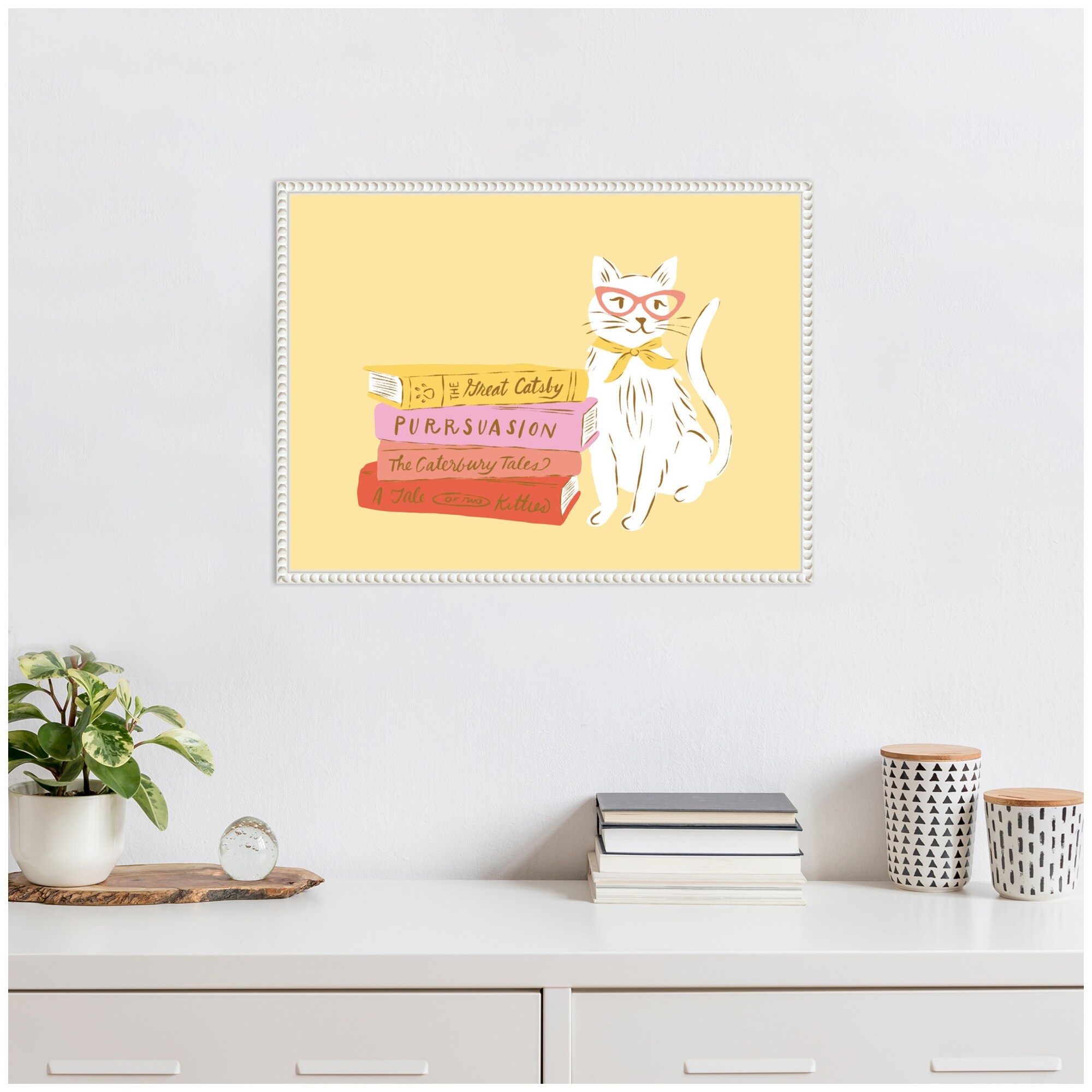 Kate and Laurel Book Lover Cat 4 by Krissy Mast Framed Canvas Wall