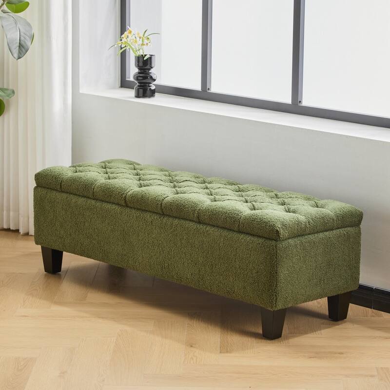 Ottoman Bench with Storage, Rubber Wood Legs, 300 lbs Capacity