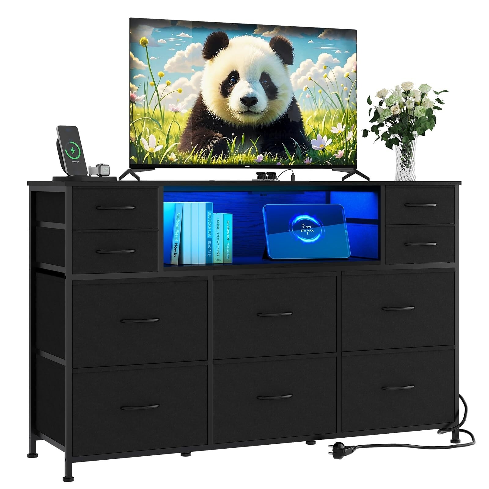 Dresser for Bedroom with 10 Fabric Drawers, TV Stand with LED Light & Charging Station for 45, 50, 55 Inch TV