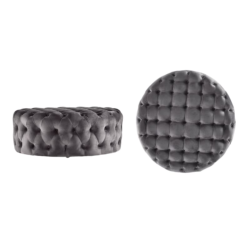 Gdansk Round Tufted Ottoman with Casters - Dark Grey Velvet