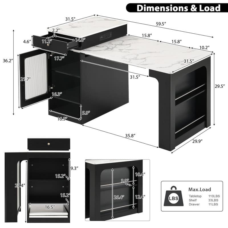 59.5" Kitchen Island with Extendable Dining Table Double-sided Storage and Built-in Power Outlet for Kitchen, Dining Room