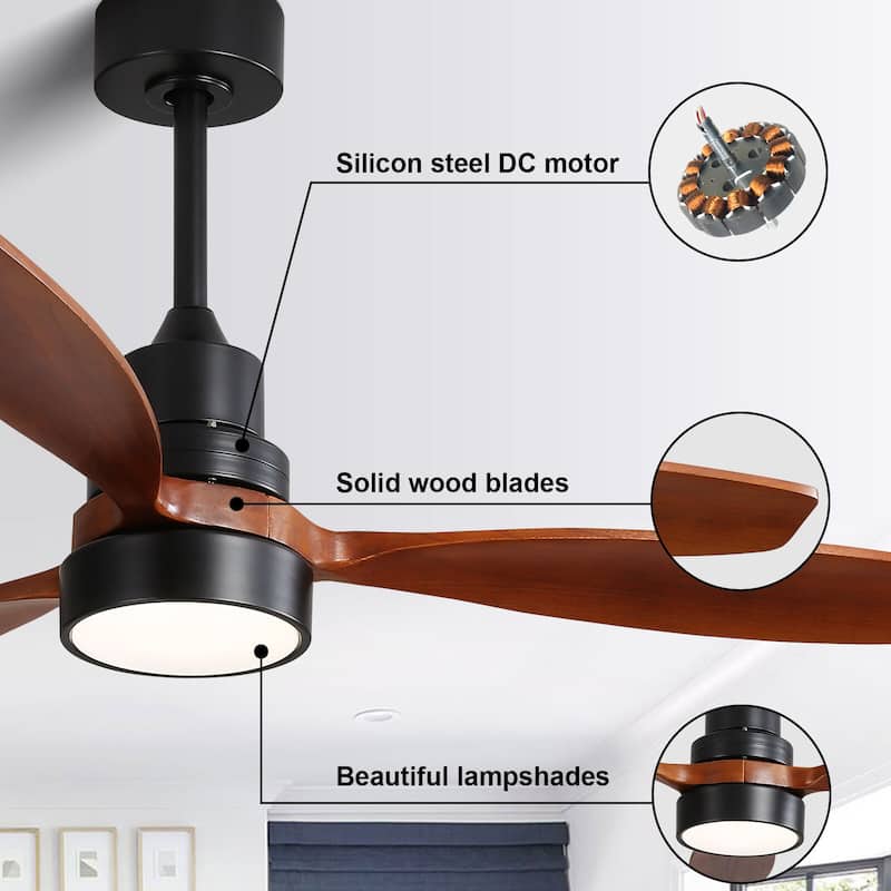 Sofucor 52-inch Solid Wood Ceiling Fan with LED Light,Remote Control Included,Reversible,Quiet and Powerful