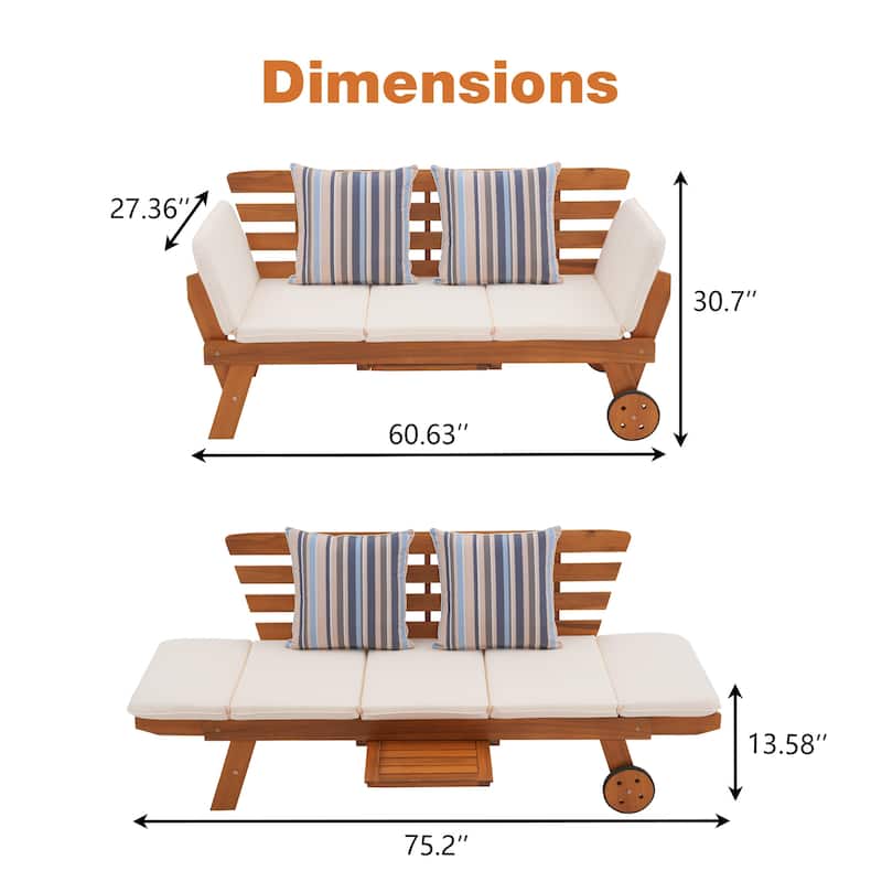 Outdoor Daybed Wooden Folding Lounge Chair with Front Tray and Wheels