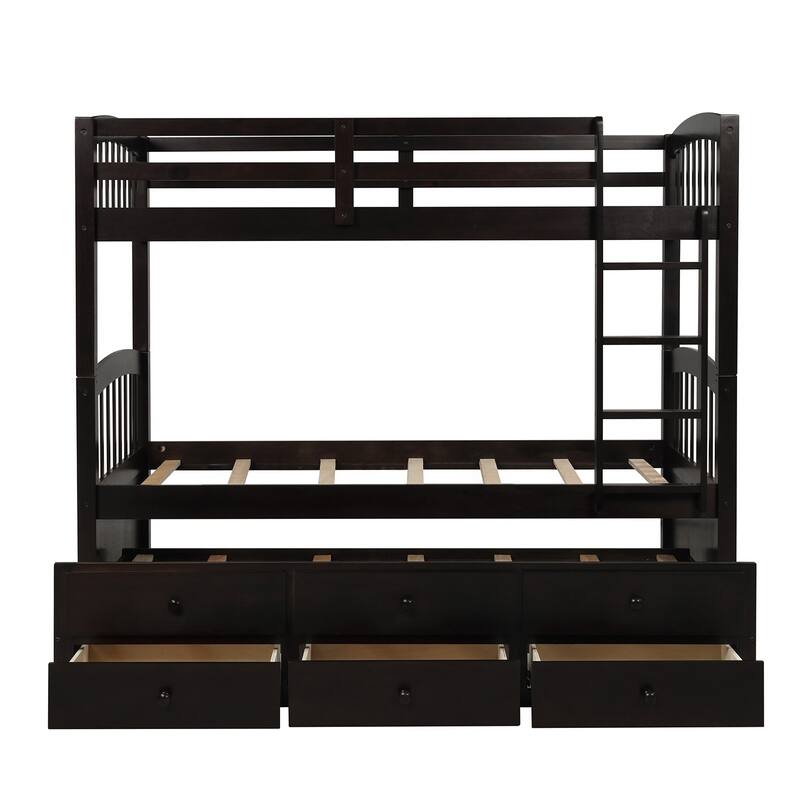 Twin Bunk Bed with Ladder, Safety Rail, and Trundle with 3 Drawers for Teens and Guest Rooms