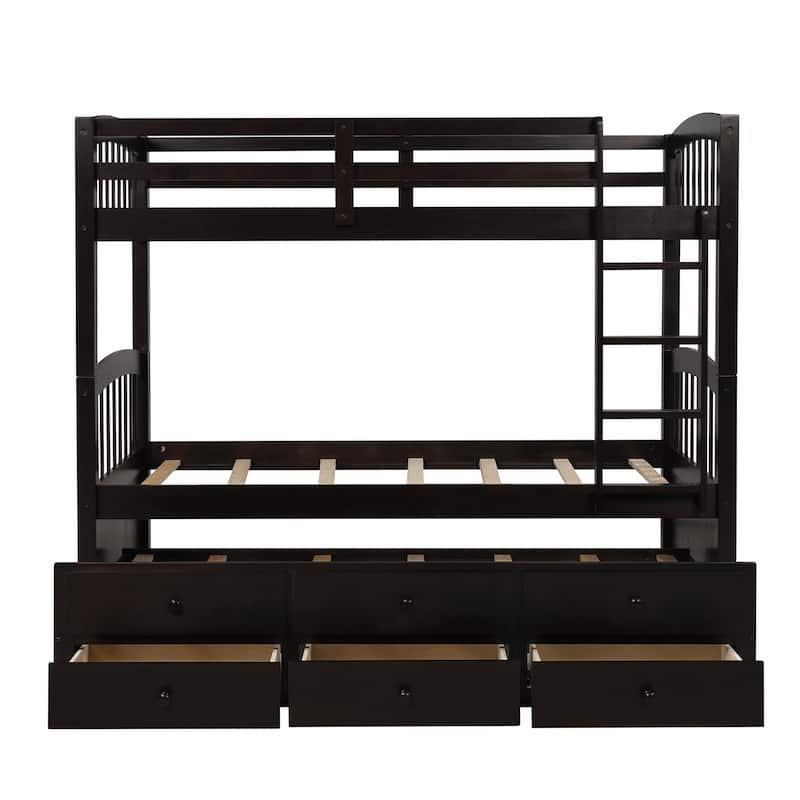 Twin Over Twin Bunk Bed with Ladder and Safety Rail, Twin Trundle Bed with 3 Drawers for Teens Bedroom, Guest Room Furniture