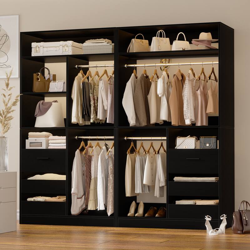 Qvella 72'' Closet System with 6 Wooden Drawers and 4 Hanging Rods, Walk-in Closet Organizer with 10 Storage Shelves