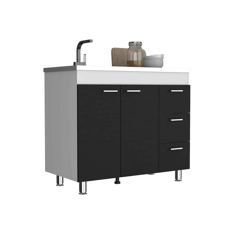 Base Double Door Storage Cabinet, Three Drawers, Faucet Hole, Four Legs, White / Black Design, Practical Storage