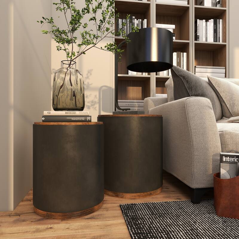 Metal Side End Accent Table with Brown Wood Top - Set of 2 Black - Roche River Decor