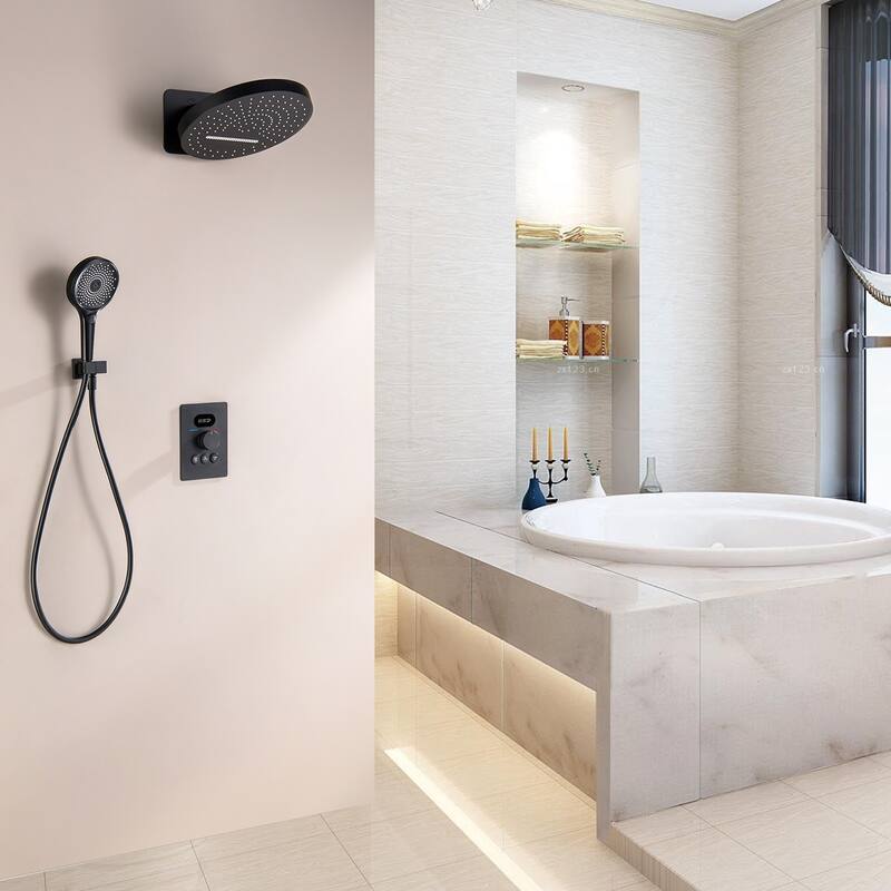 6-Way Wall Mounted 12.6'' Round Showerhead with High-pressure Handheld Showerhead in Black/Gold